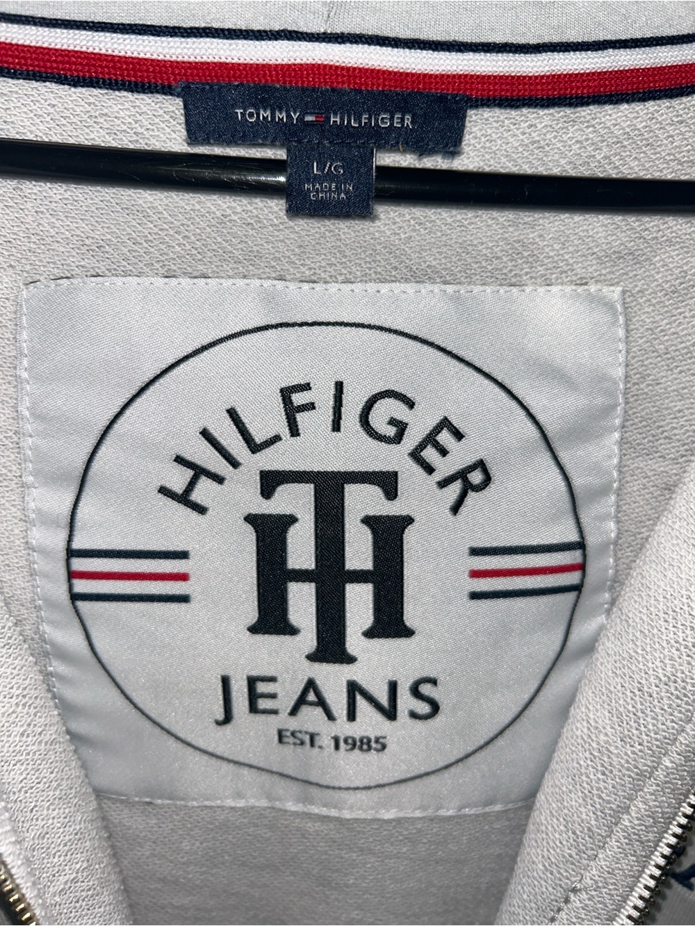 Tommy Hilfiger Light Gray Hoodie with Navy Numbering and Red-White-Blue Trim - Picture 4 of 8